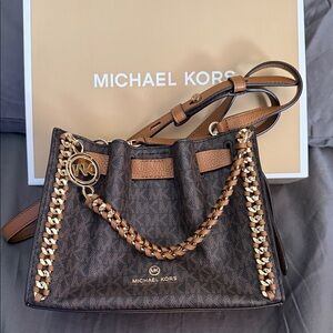 Michael Kors Brown and Tan Logo-Print Chain-Trim Shoulder Bag
